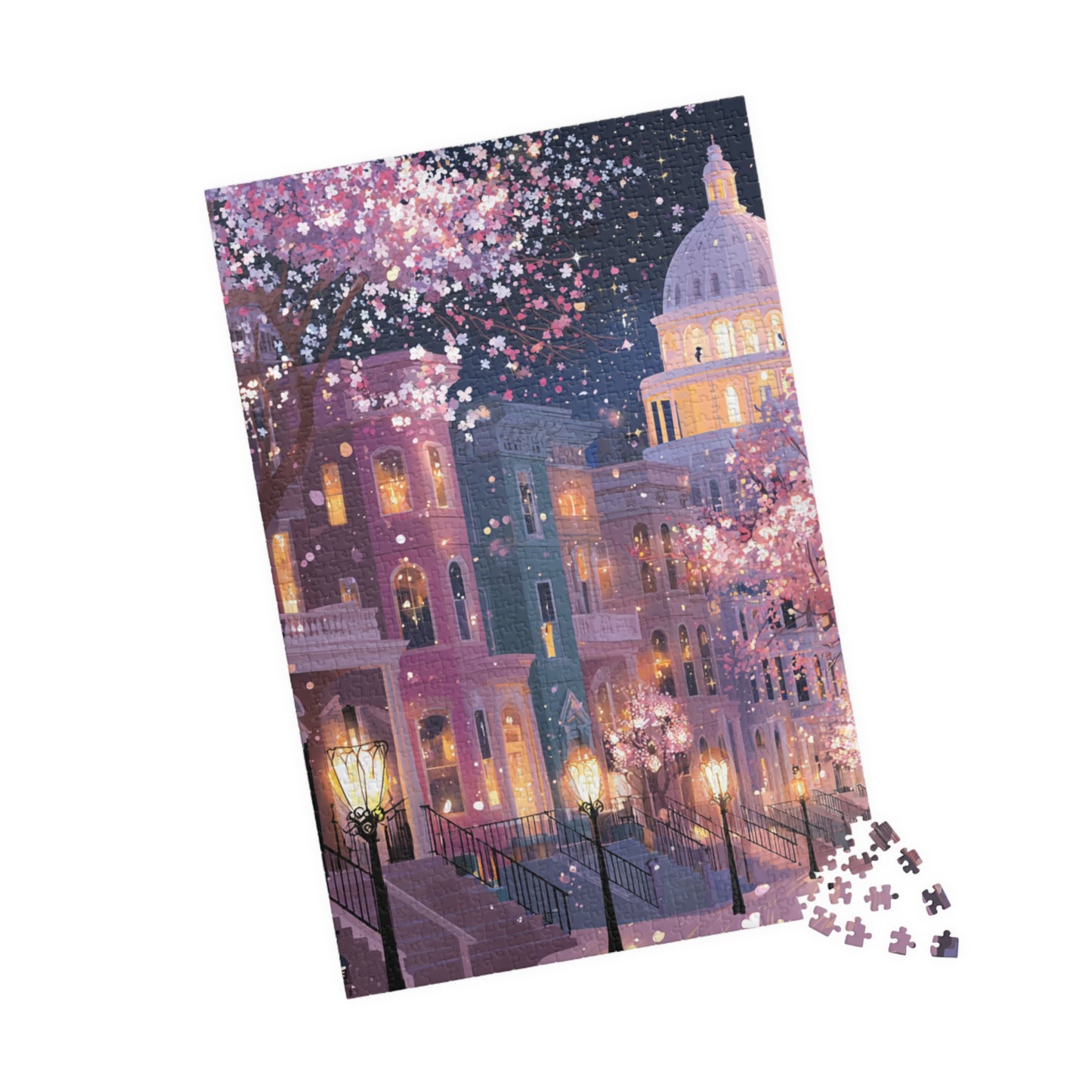 Washington DC Cherry Blossom Cityscape Puzzle — Scenic Nighttime Street 110–1014 Piece Jigsaw