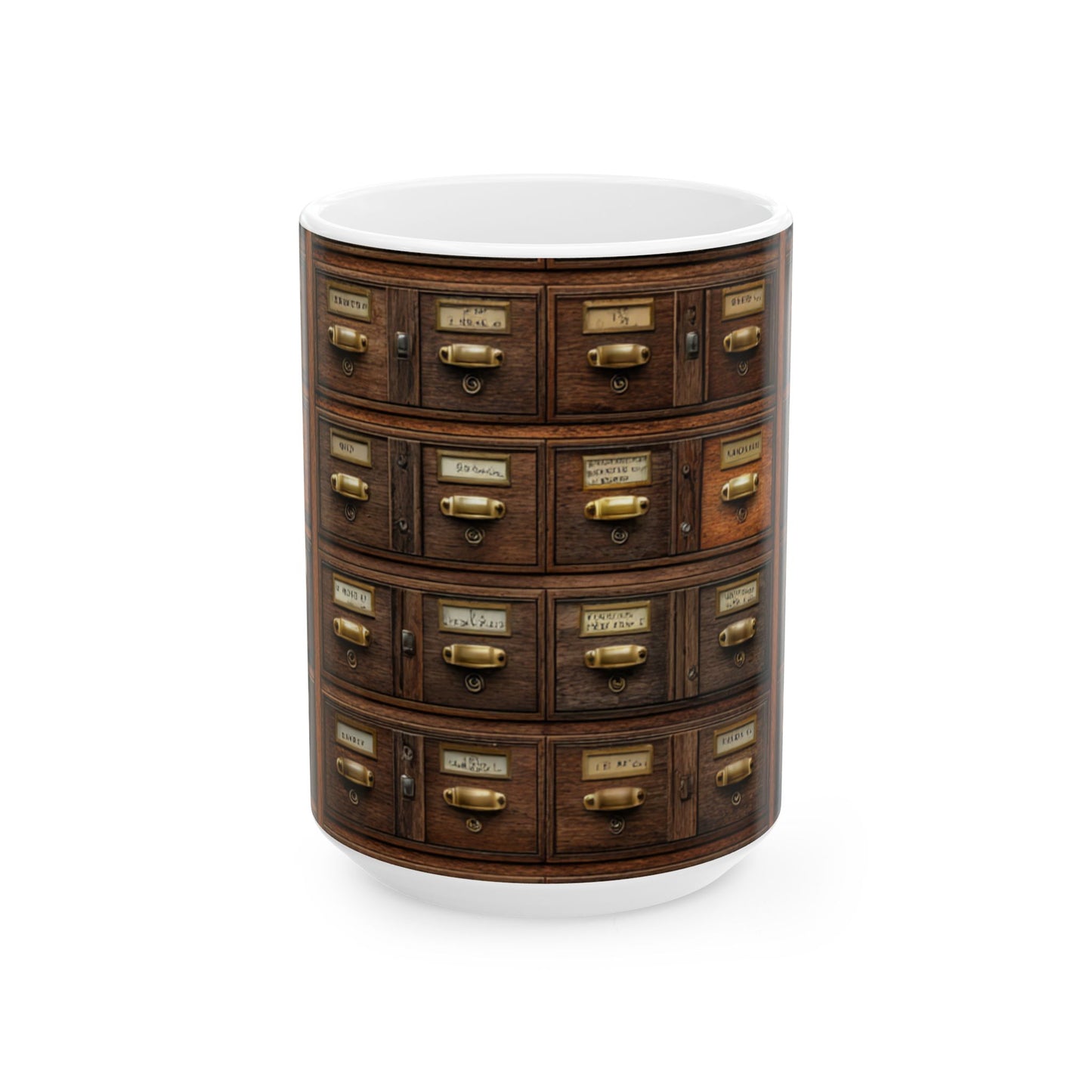 Vintage Library Card Catalog Mug — Antique Wooden Drawer Pattern Ceramic Coffee Cup (11oz/15oz)