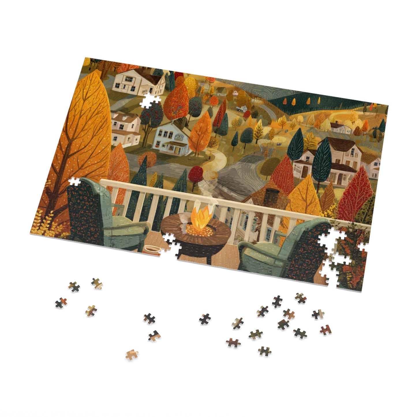 Autumn Porch Scene Jigsaw Puzzle with Tin — Cozy Fall Landscape 500pc