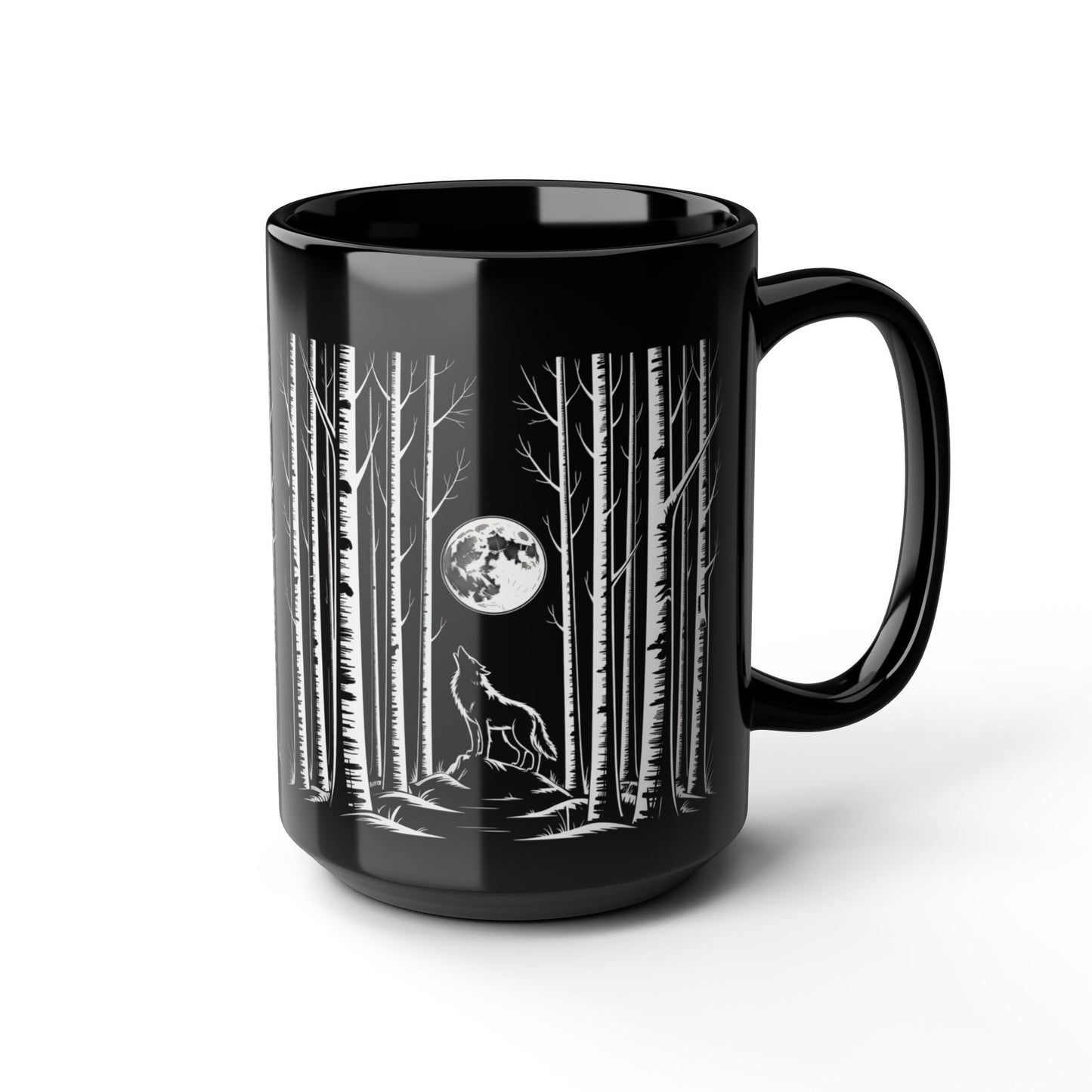 Wolf Howling at the Moon Forest Mug — Black Ceramic Coffee Cup (11oz, 15oz)