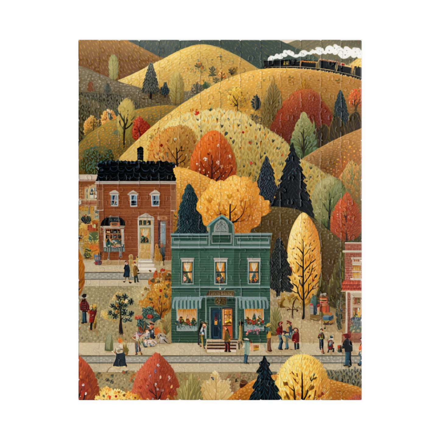 Whispering Pines Village Puzzle | Autumn Mountain Countryside Scene | Cozy Fall Jigsaw Gift | Jazz N’ Coffee Puzzles