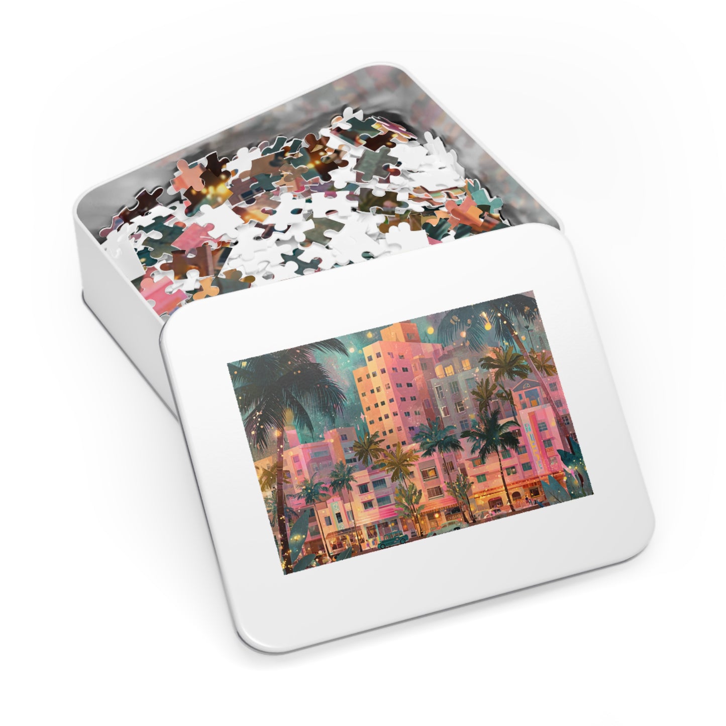 Whimsical Pastel Miami Puzzle – A Dreamy Tropical Escape-Jigsaw Puzzle with Tin
