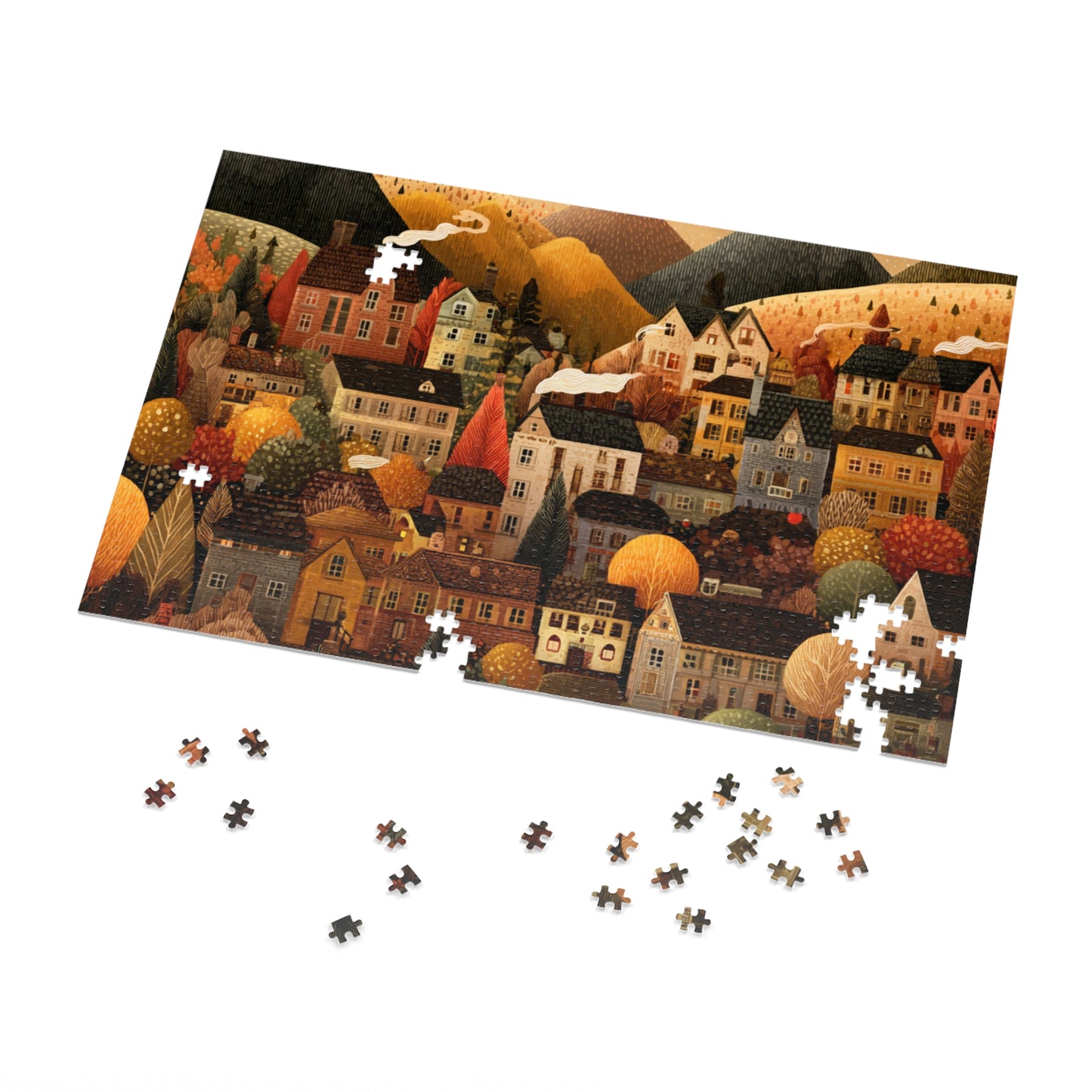 Amber Peak Village Puzzle | Tranquil Autumn Mountain Scene | Cozy Fall Jigsaw Gift | Jazz N’ Coffee Puzzles