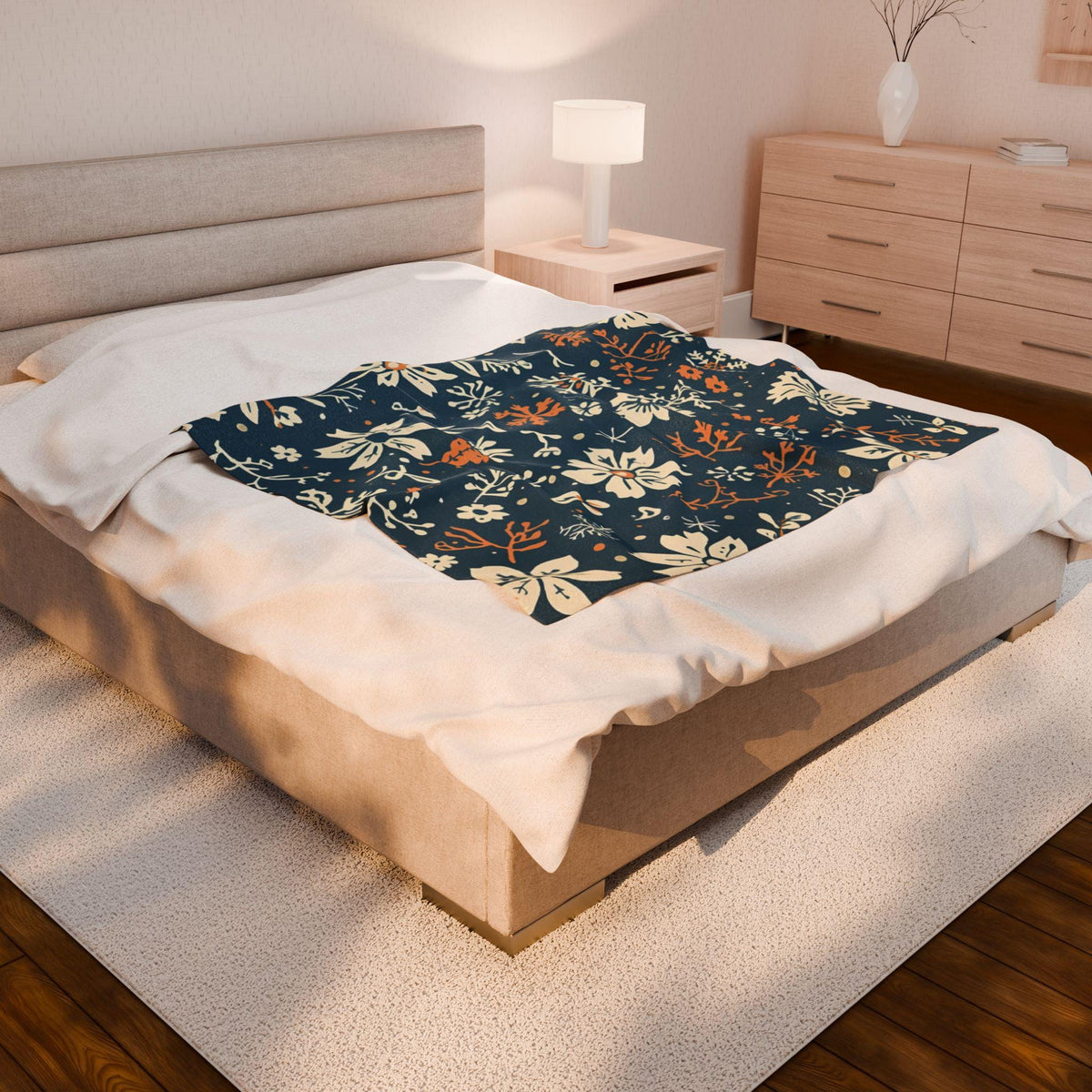 Navy Blue Snowflake Floral Velveteen Plush Blanket | Burnt Orange & Cream Winter Throw | Soft Cozy Blanket Gift Elegant Hygge Home Decor