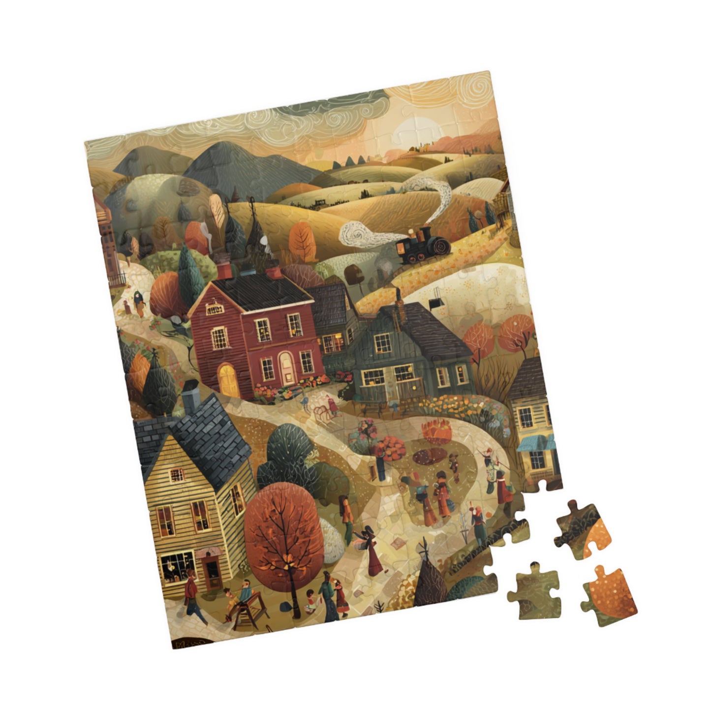 Golden Harvest Lane Puzzle | Cozy Autumn Village Scene | Fall Countryside Jigsaw Gift | Jazz N’ Coffee Puzzles