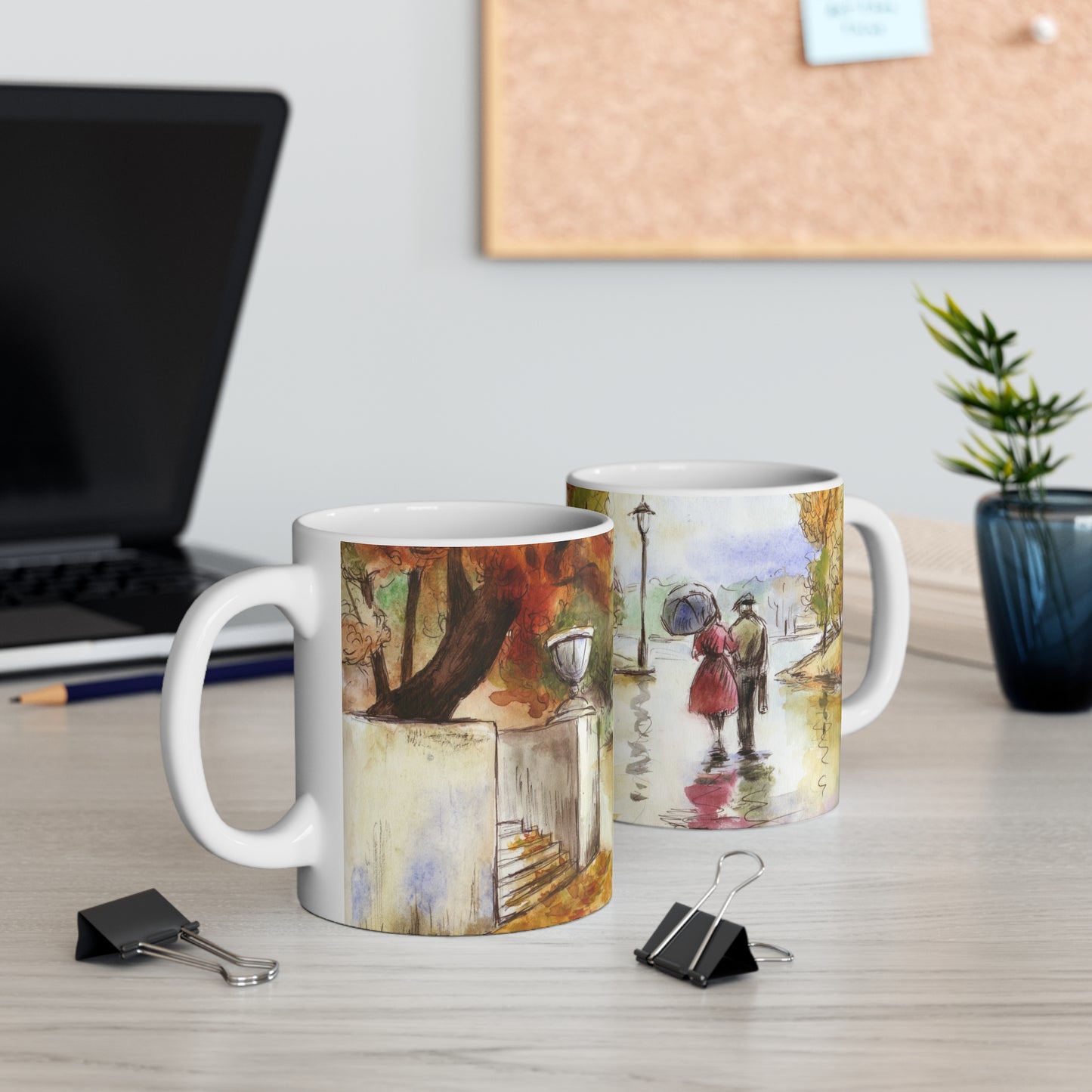 Romantic Autumn Stroll Coffee Mug — 11oz Scenic Park Watercolor Mug