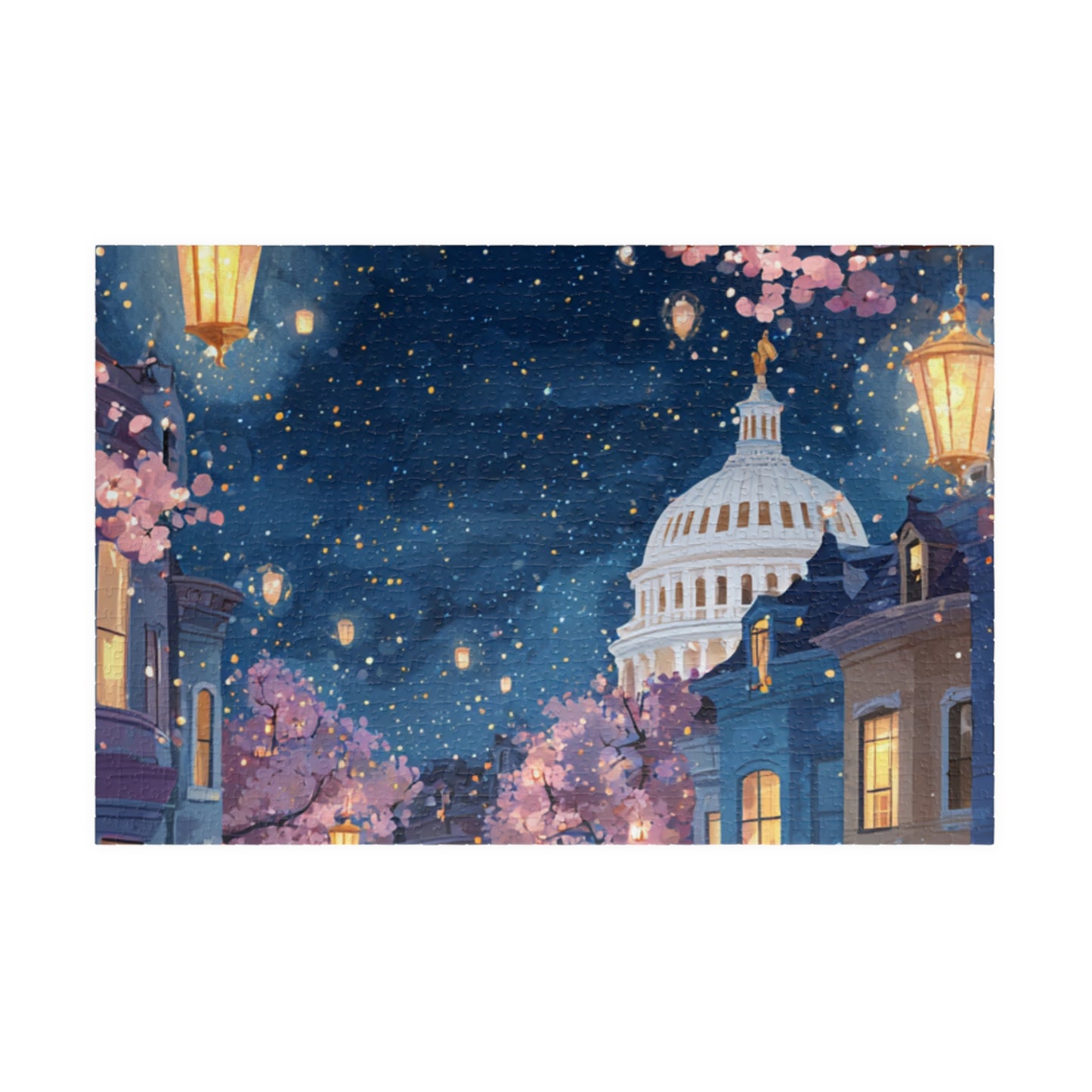 Cherry Blossom Night Skyline Puzzle — Washington Capitol Evening Jigsaw (110–1014 pcs)