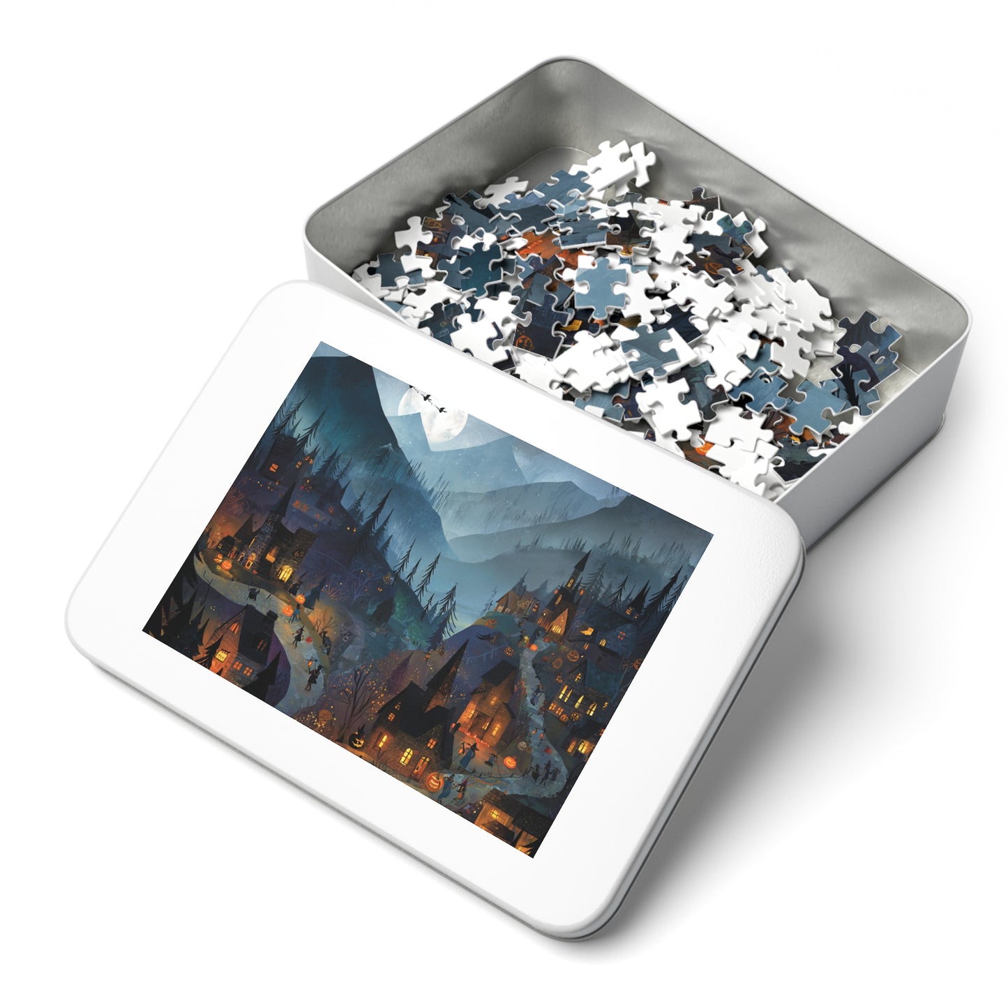 Haunted Mountain Town Puzzle, Spooky Halloween Streets and Eerie Nightscape Jigsaw Puzzle with Tin, Halloween Puzzle