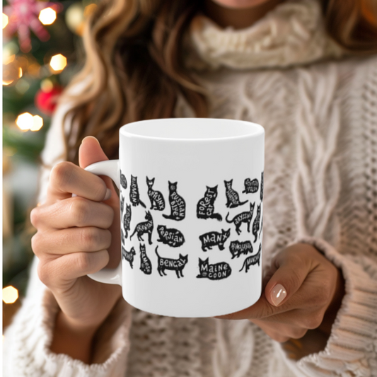 Cat Breeds Mug, 11oz Mug, Cute Coffee Cup for Cat Lovers,  Kitty Art Mug for Cat Moms & Dads, Veterinarian Gift, Pet Sitter Gift
