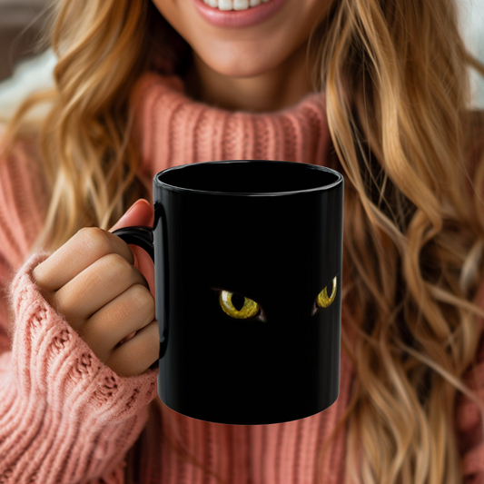 Yellow Cat Eyes Black Mug, Halloween Coffee & Tea Mug, Black Mug 11 oz and 15 oz, Perfect gift for Cat Lovers