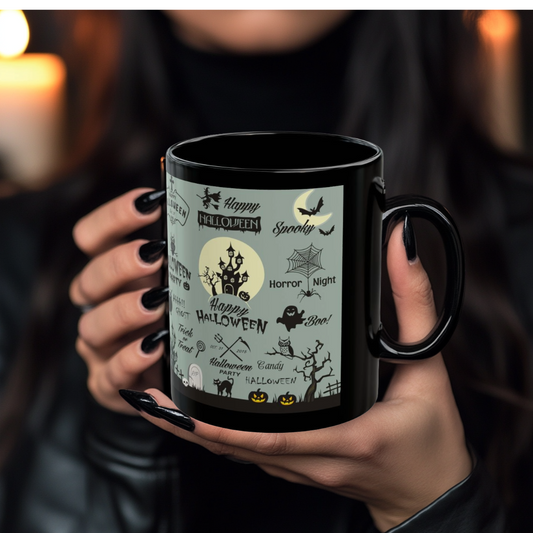 Halloween-Themed Black Mug, Spooky Coffee Cup, Ideal for Halloween Parties, Boo Lover Gift, Autumn Decor