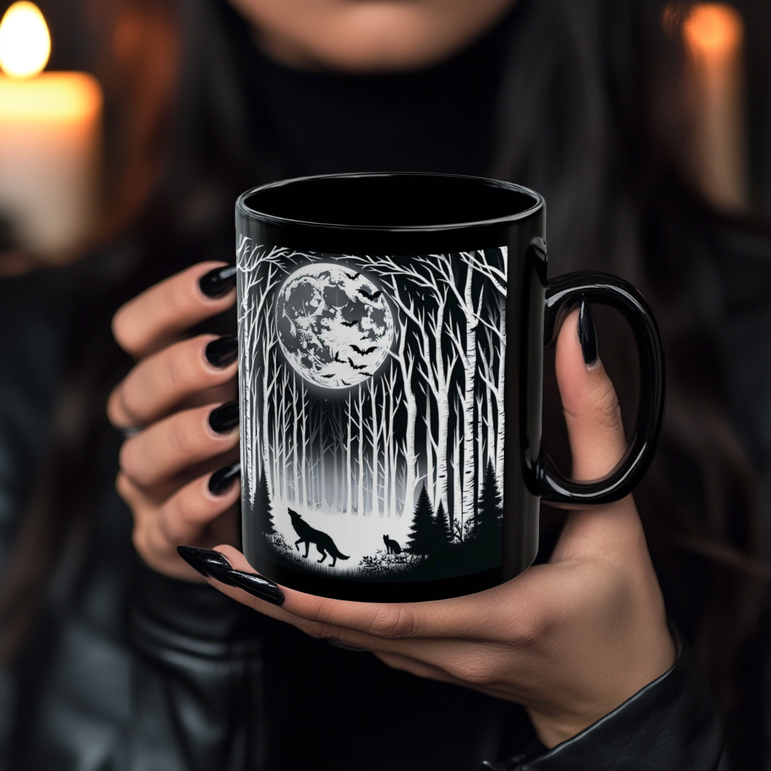 Mystical Moonlit Forest Mug with Wolf and Black Cat, Black Coffee Cup, Forest Lovers Gift, Perfect for Halloween