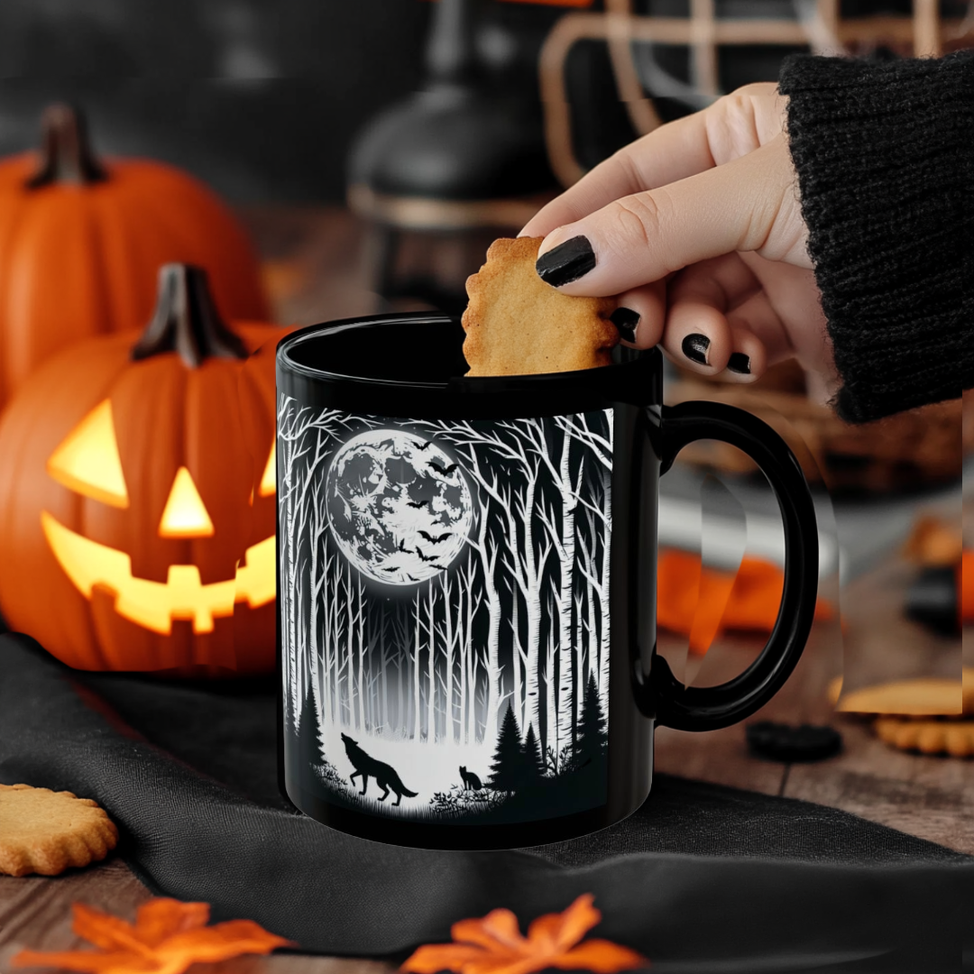Mystical Moonlit Forest Mug with Wolf and Black Cat, Black Coffee Cup, Forest Lovers Gift, Perfect for Halloween