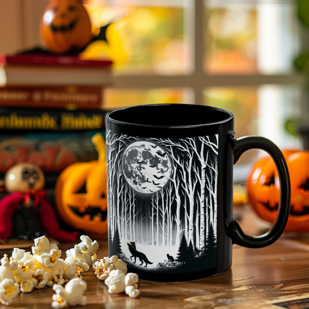 Mystical Moonlit Forest Mug with Wolf and Black Cat, Black Coffee Cup, Forest Lovers Gift, Perfect for Halloween
