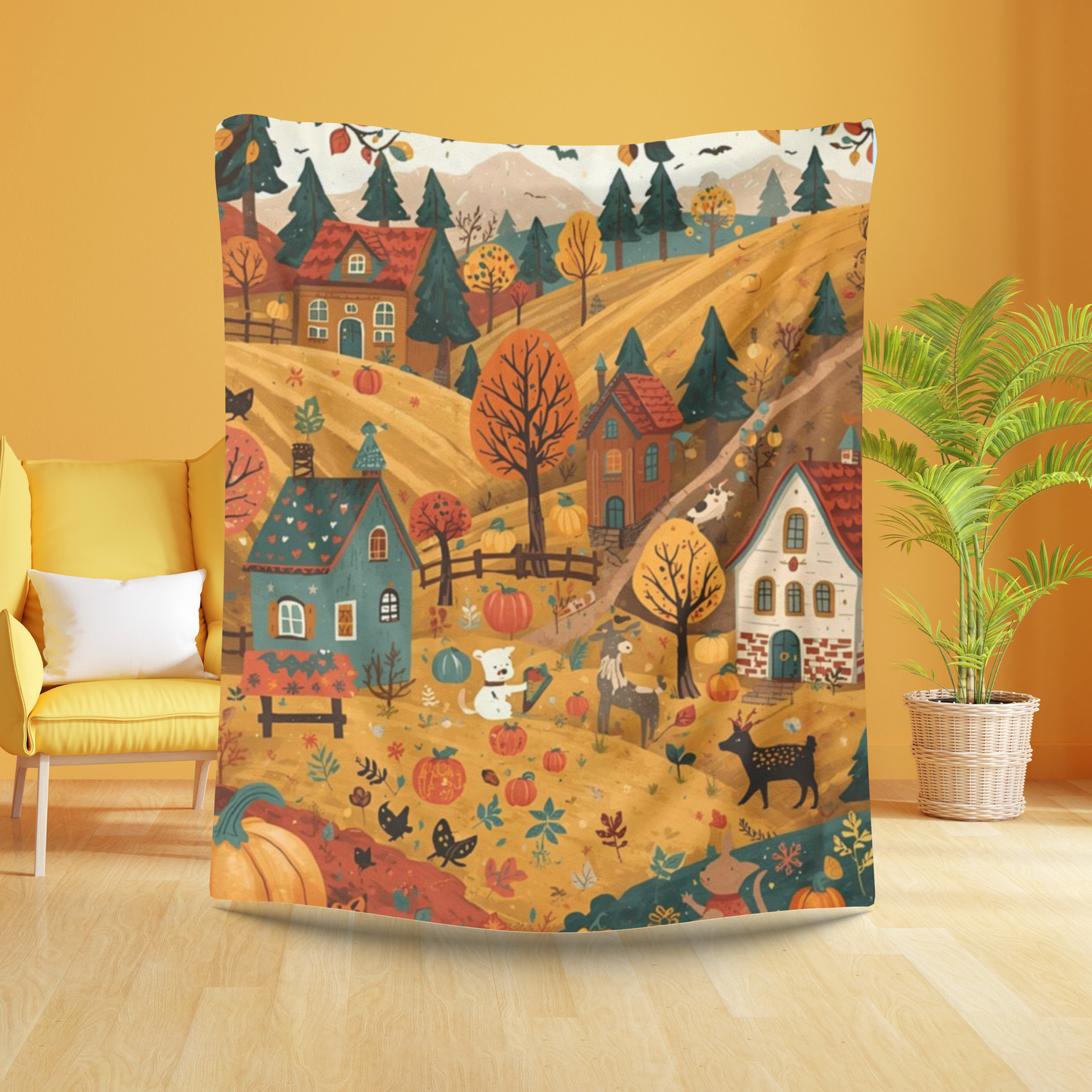Cozy Autumn Village Velveteen Plush Blanket | Fall Harvest Throw | Soft Plush Blanket Gift | Warm Rustic Home Decor | Pumpkin Season Blanket