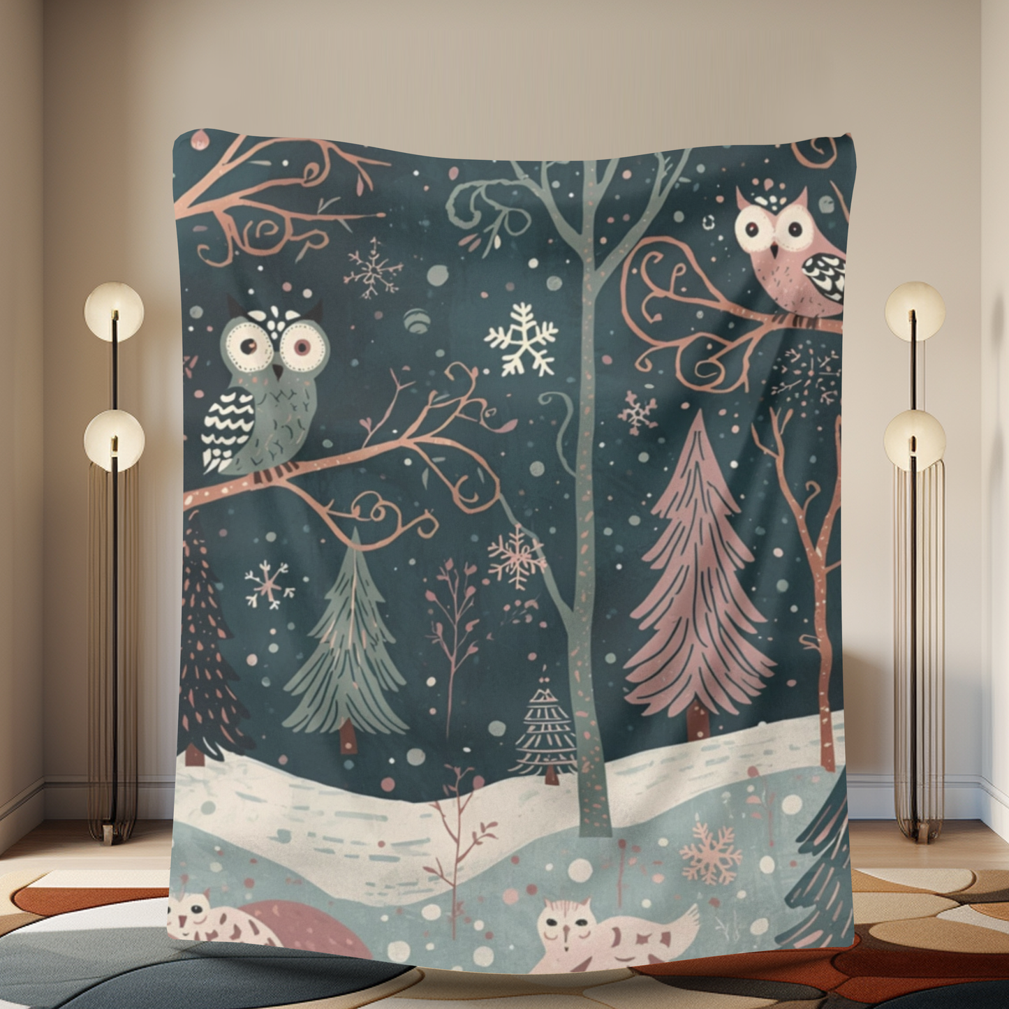 Whimsical Owl Sherpa Fleece Blanket | Cozy Winter Throw | Soft Owl Blanket Gift | Snowflake & Pine Tree Decor | Warm Plush Throw
