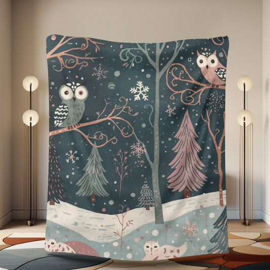 Whimsical Owl Sherpa Fleece Blanket | Cozy Winter Throw | Soft Owl Blanket Gift | Snowflake & Pine Tree Decor | Warm Plush Throw