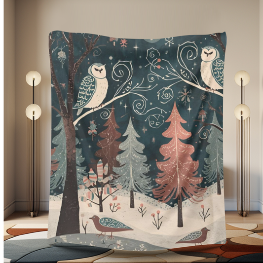 Whimsical Winter Owl Forest Velveteen Plush Blanket | Cozy Woodland Throw | Soft Plush Blanket Gift | Snowy Owl and Pine Tree Decor