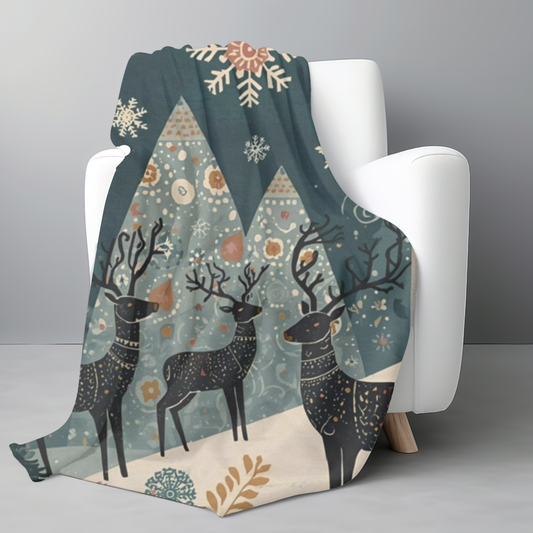 Whimsical Winter Deer Velveteen Plush Blanket | Cozy Woodland Throw | Soft Warm Blanket Gift| Snowflake & Deer Decor | Winter Home Accent