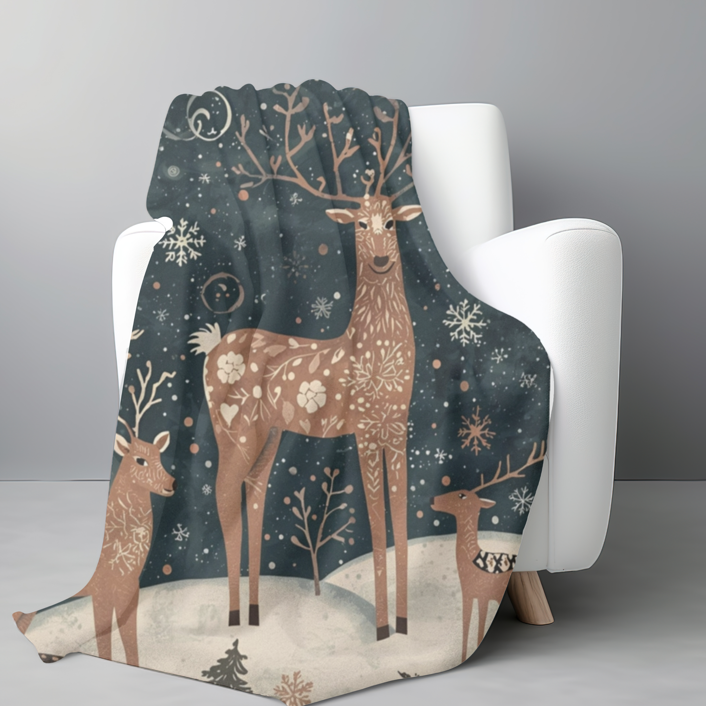 Whimsical Deer Sherpa Fleece Blanket | Winter Deer, Snowflake & Pine Tree Throw | Cozy Woodland Blanket Gift | Soft Plush Warm Winter Decor