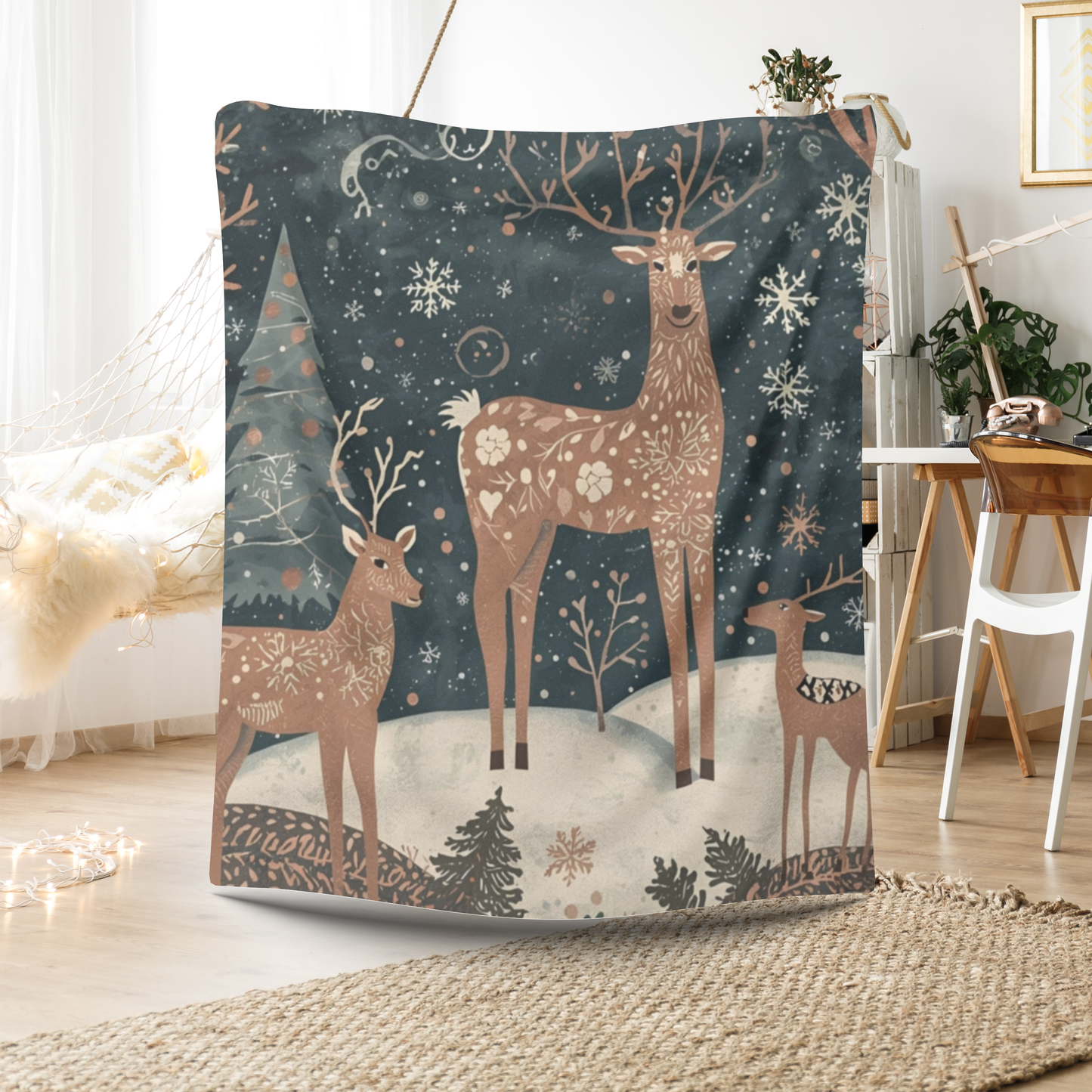 Whimsical Deer Sherpa Fleece Blanket | Winter Deer, Snowflake & Pine Tree Throw | Cozy Woodland Blanket Gift | Soft Plush Warm Winter Decor