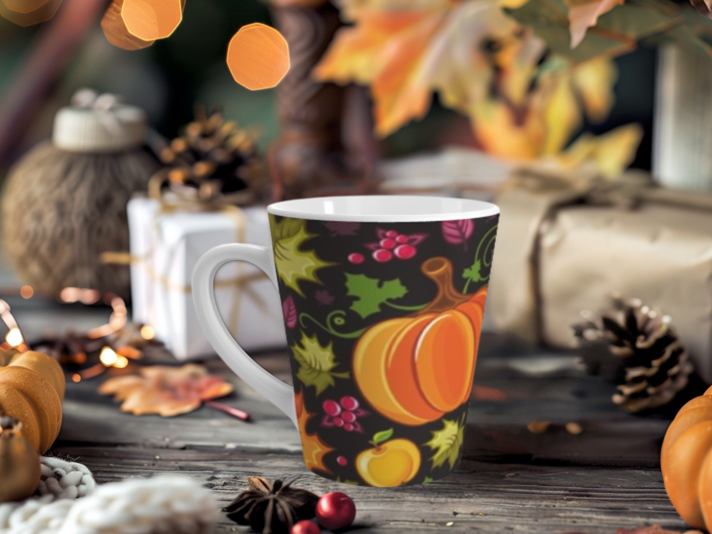 Autumn Harvest Latte Mug (12 oz) | Pumpkin Coffee Cup | Cozy Fall Drinkware Gift | Thanksgiving & Halloween Mug | Jazz N’ Coffee Puzzles