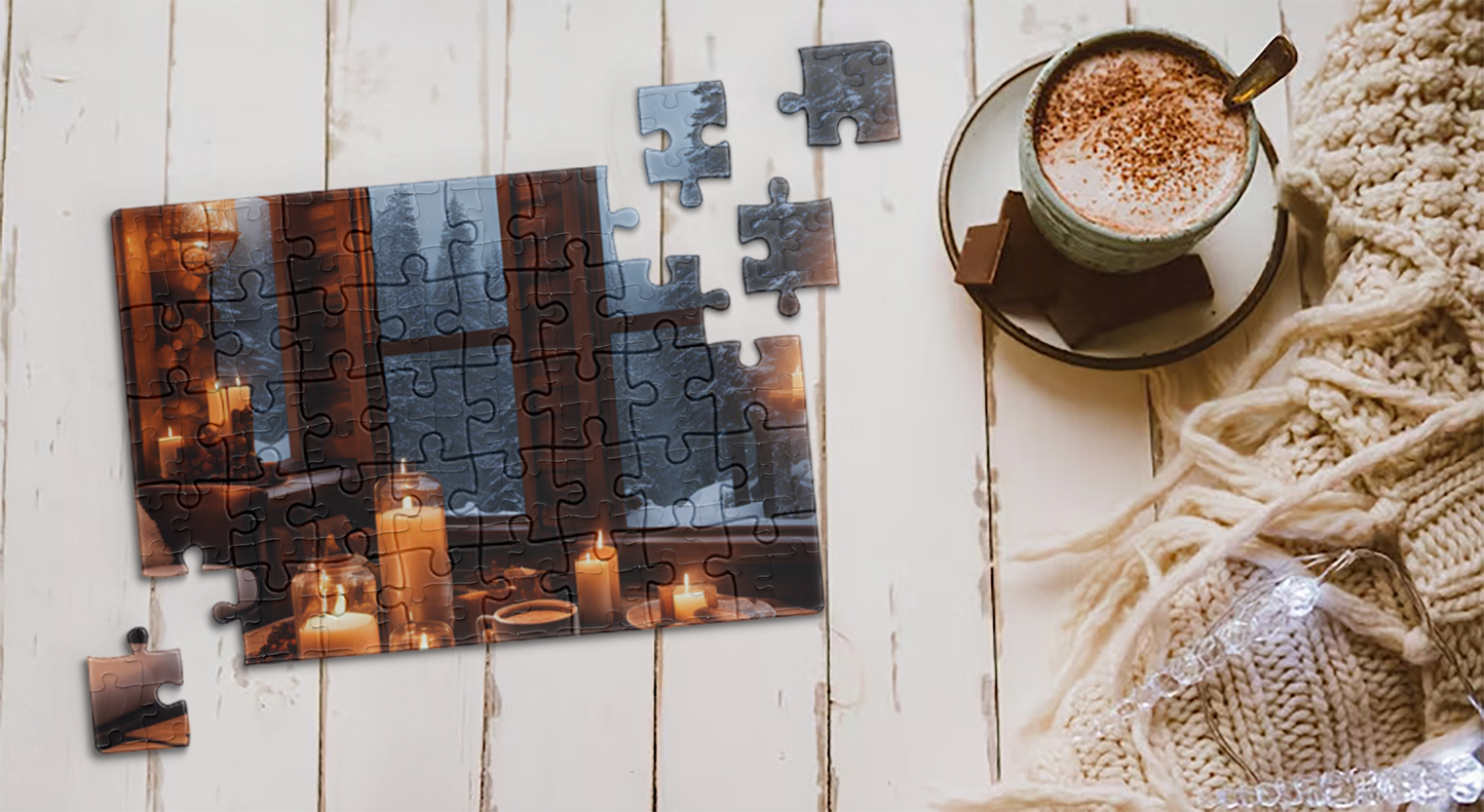 Winter Cabin Glow Puzzle – Cozy Rustic Cabin, Candlelight & Snowy Night, Perfect Winter & Holiday Gift