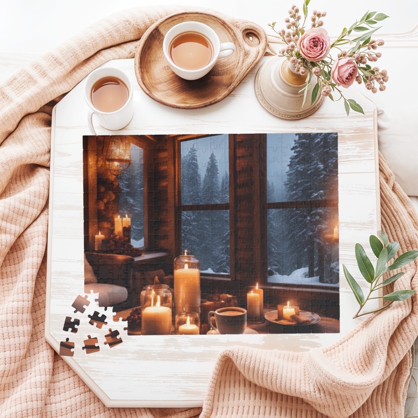 Winter Cabin Glow Puzzle – Cozy Rustic Cabin, Candlelight & Snowy Night, Perfect Winter & Holiday Gift