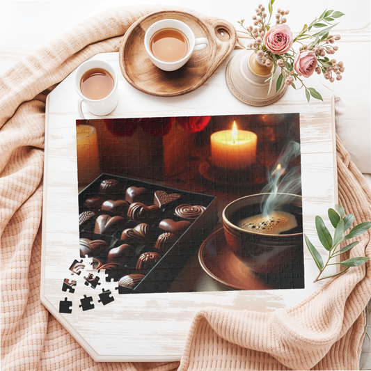 Valentine’s Indulgence Jigsaw Puzzle – Cozy Chocolate, Coffee & Candlelight Scene, Perfect Romantic Gift