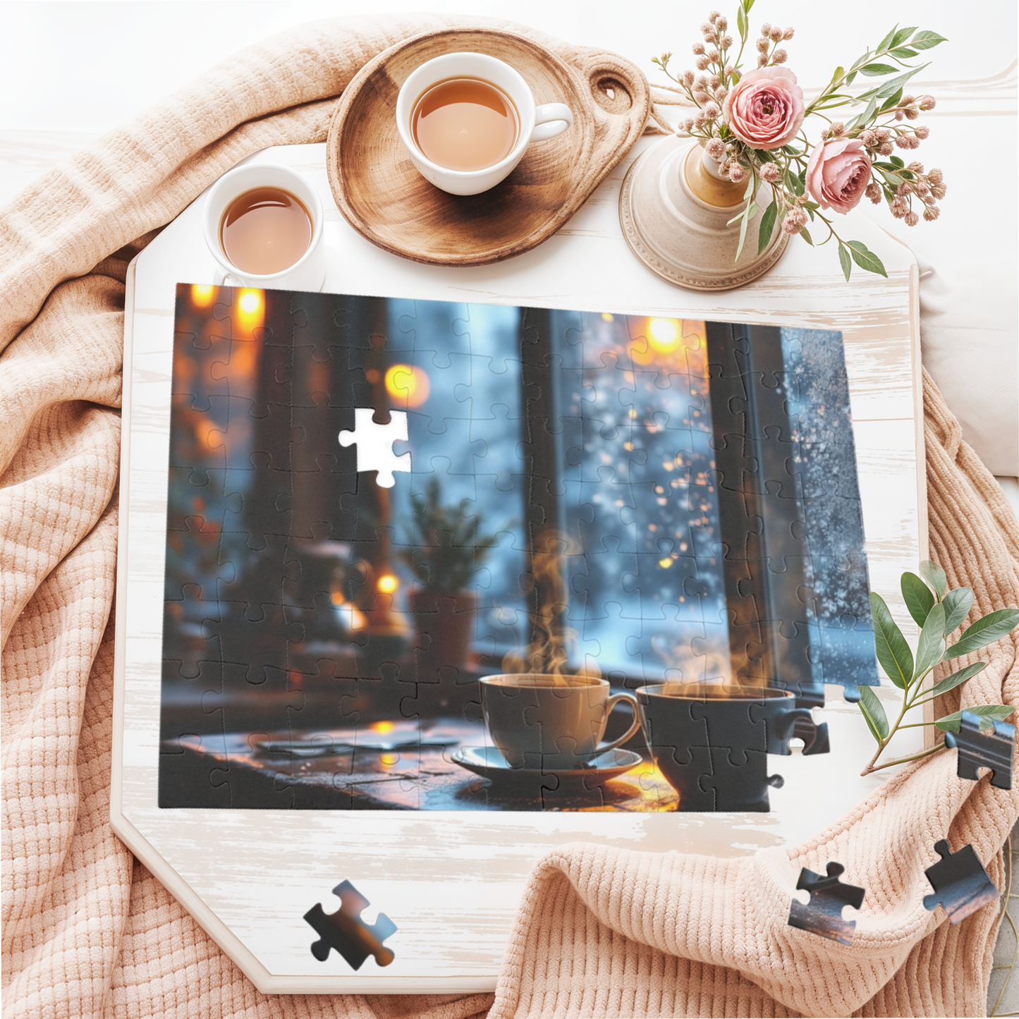Cozy Winter Coffee Puzzle – Steaming Cups & Snowy Window Views, Perfect Holiday & Family Gift