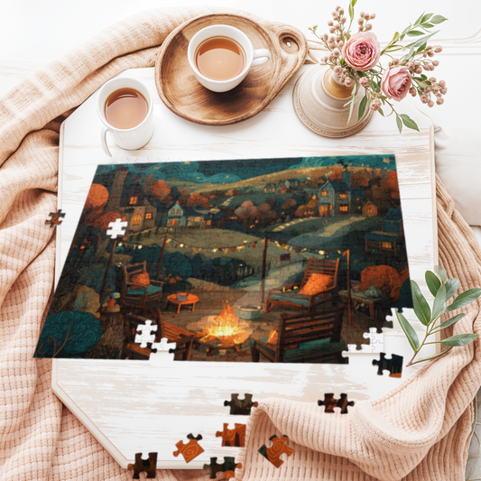 Cozy Campfire Jigsaw Puzzle with Tin, Puzzle for Relaxation, Family Game Night, Gift for Friends, Indoor Activity, Home Décor