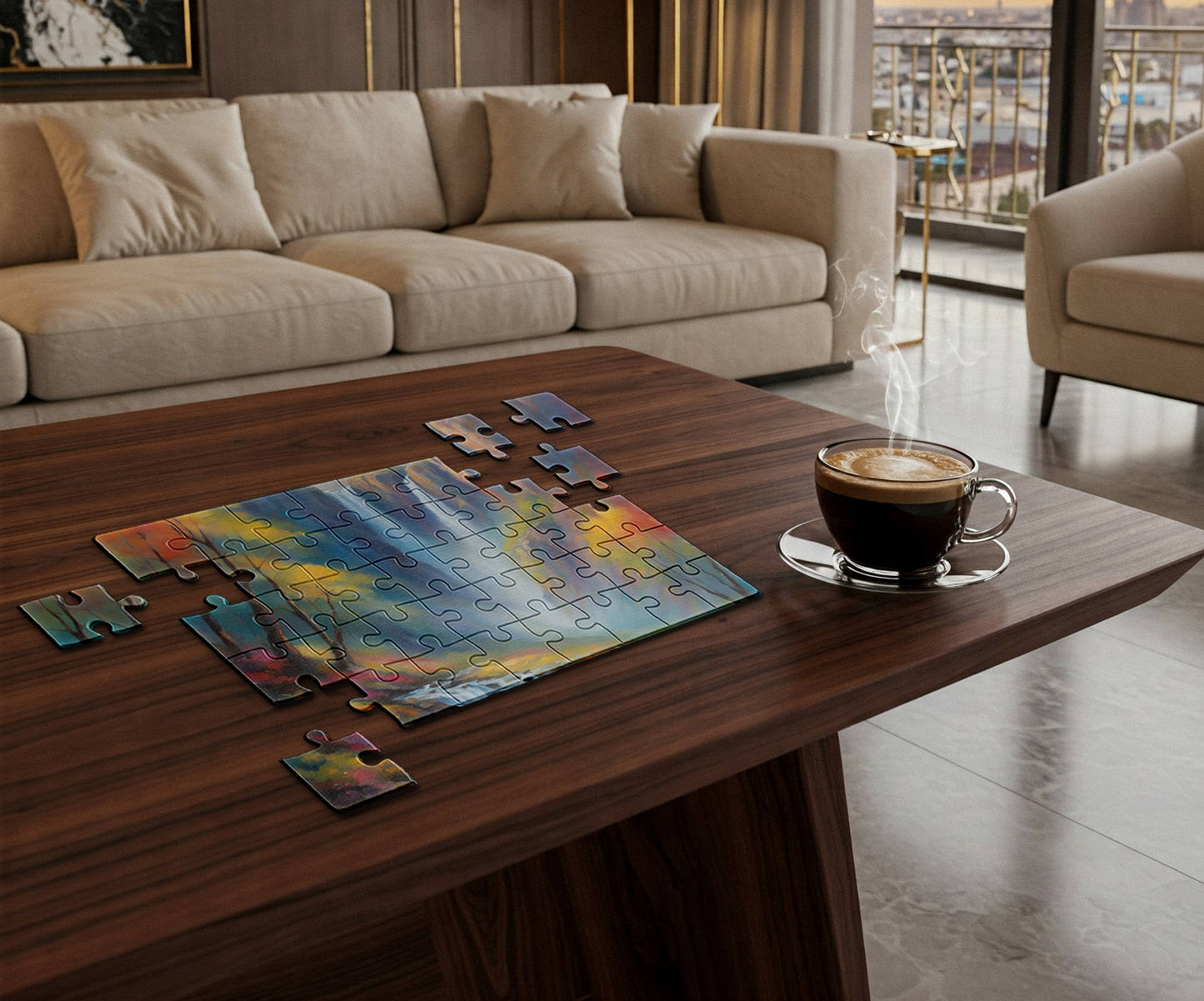 Autumn Falls: Waterfall in the Woods Puzzle | Serene Nature Jigsaw | Cozy Fall Activity Gift | Jazz N’ Coffee Puzzles