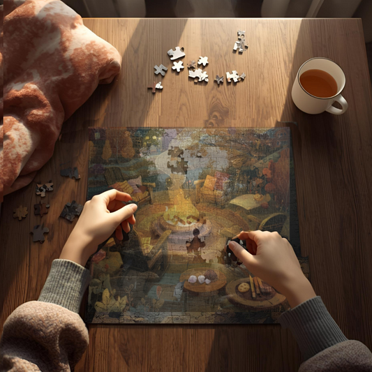 Cozy Countryside Evening Puzzle – Rustic Campfire Scene, Perfect Gift for Puzzle Lovers