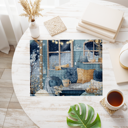 Snowy Hygge Evening by the Window | Cozy Winter Jigsaw Puzzle | Warm Lights, Candles & Cocoa | Relaxing Night-In Puzzle