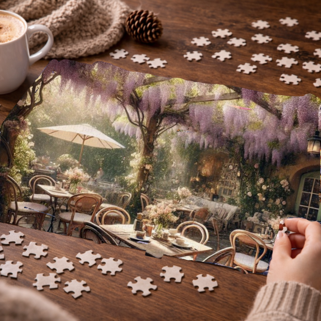 Wisteria Whispers Jigsaw Puzzle – Enchanted Café Scene, Cozy Indoor Activity, Gift for Puzzle Lovers, Relaxing Art Puzzle