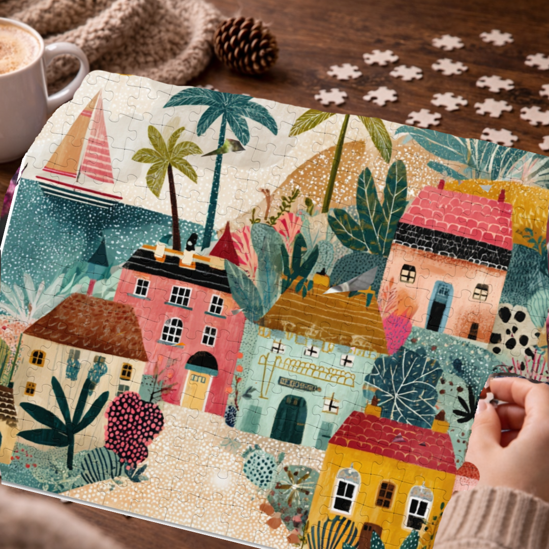 Colorful Coastal Village Jigsaw Puzzle with Tin – Fun Family Activity, Whimsical Folk Art Puzzle, Gift for All Ages