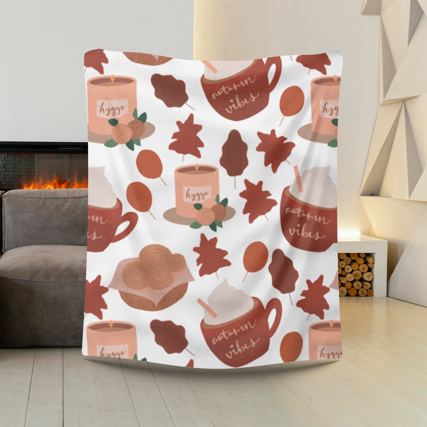 Autumn Vibes Hygge Sherpa Fleece Blanket | Cozy Fall Throw | Coffee & Leaves Design | Soft Plush Blanket Gift for Her