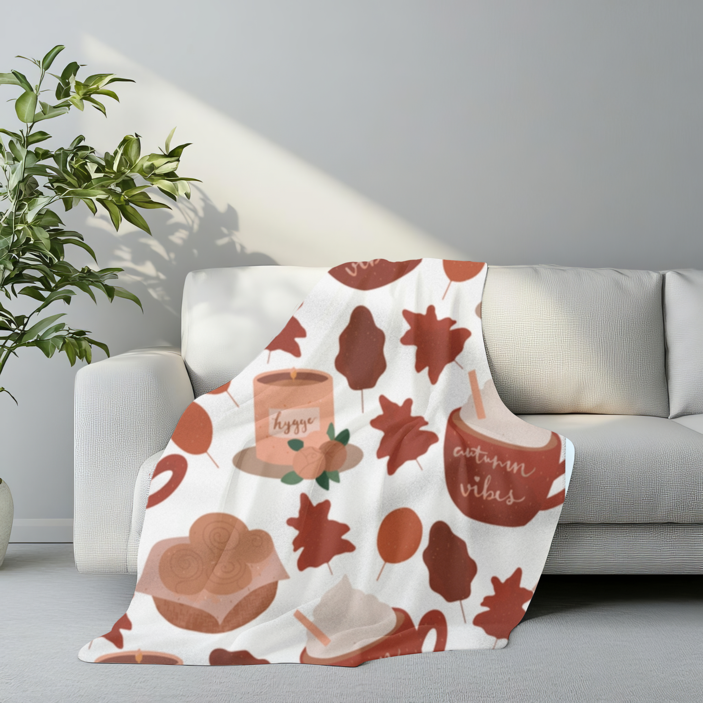 Autumn Vibes Hygge Sherpa Fleece Blanket | Cozy Fall Throw | Coffee & Leaves Design | Soft Plush Blanket Gift for Her
