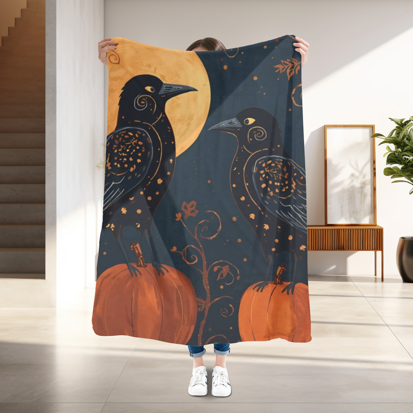 Whimsical Crows with Full Moon Velveteen Plush Blanket | Cozy Fall Throw | Warm Autumn Home Decor | Pumpkin Design