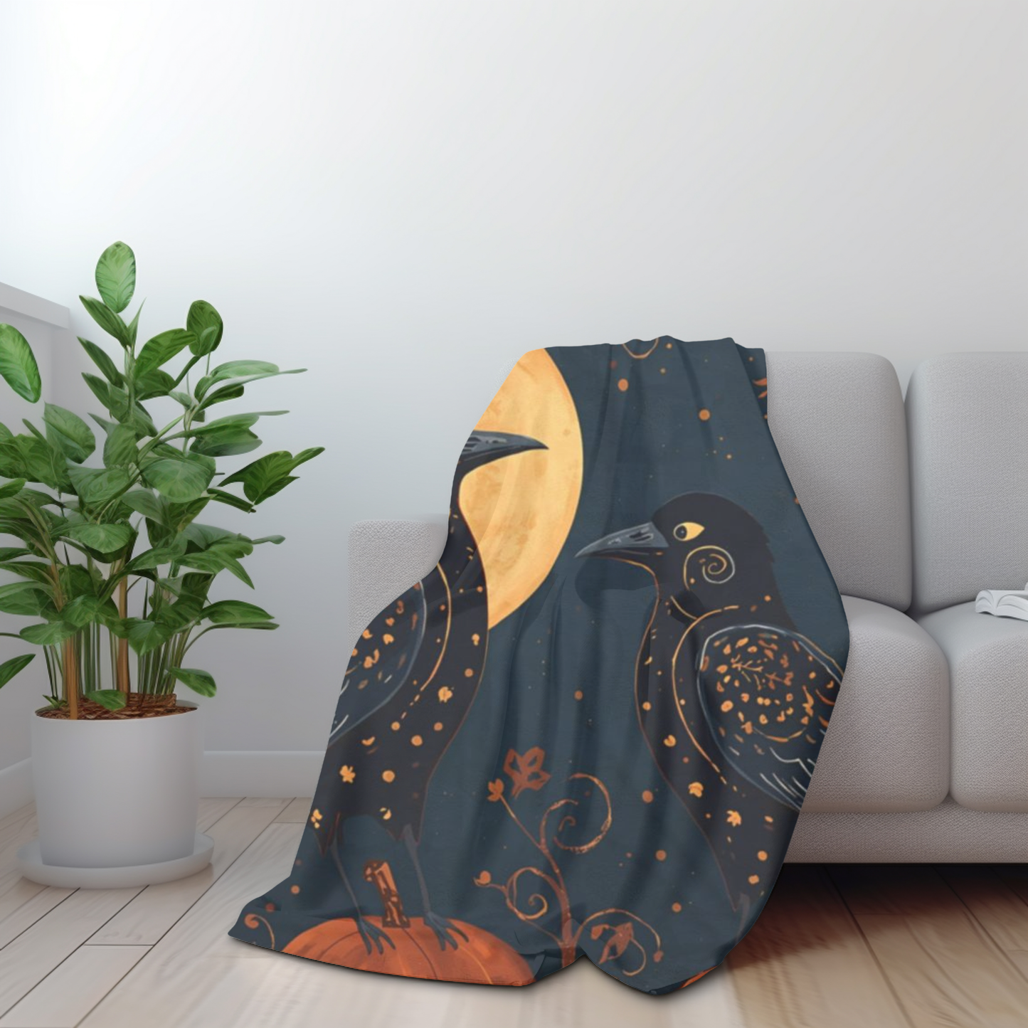 Whimsical Crows with Full Moon Velveteen Plush Blanket | Cozy Fall Throw | Warm Autumn Home Decor | Pumpkin Design