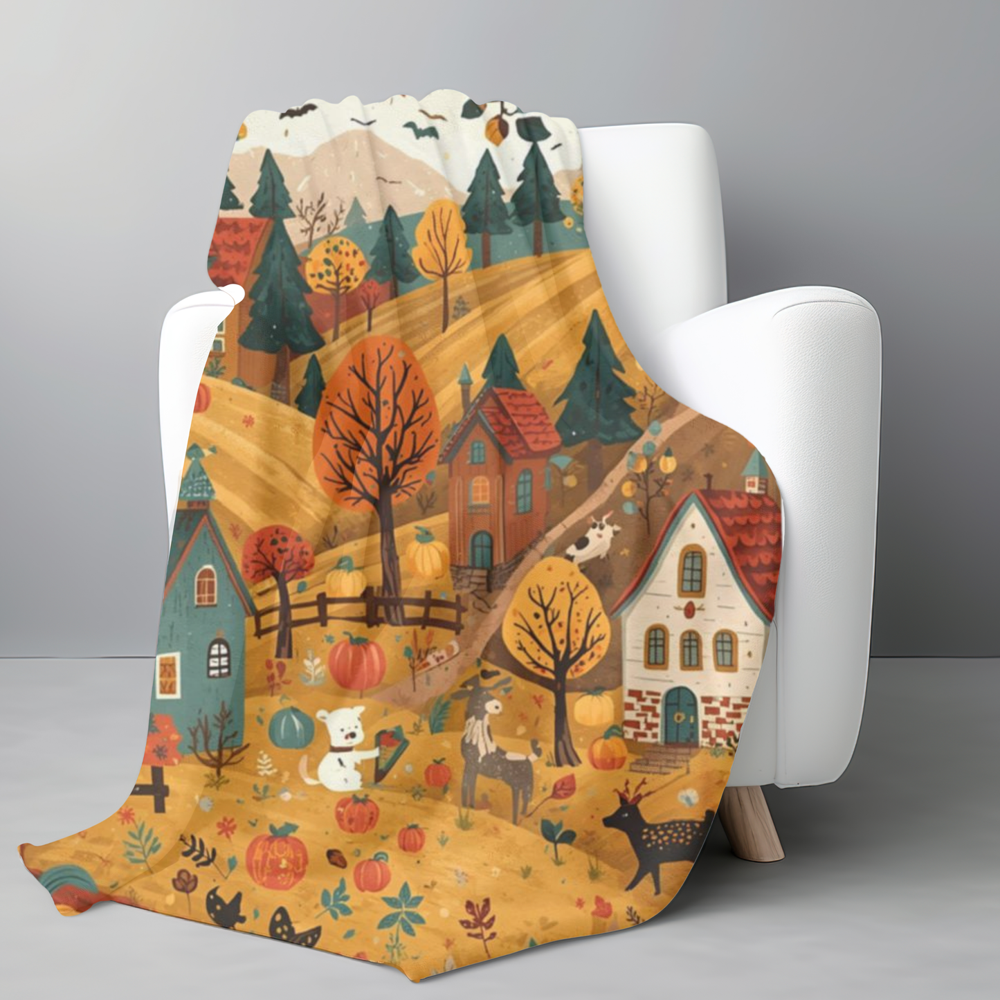Cozy Autumn Village Velveteen Plush Blanket | Fall Harvest Throw | Soft Plush Blanket Gift | Warm Rustic Home Decor | Pumpkin Season Blanket
