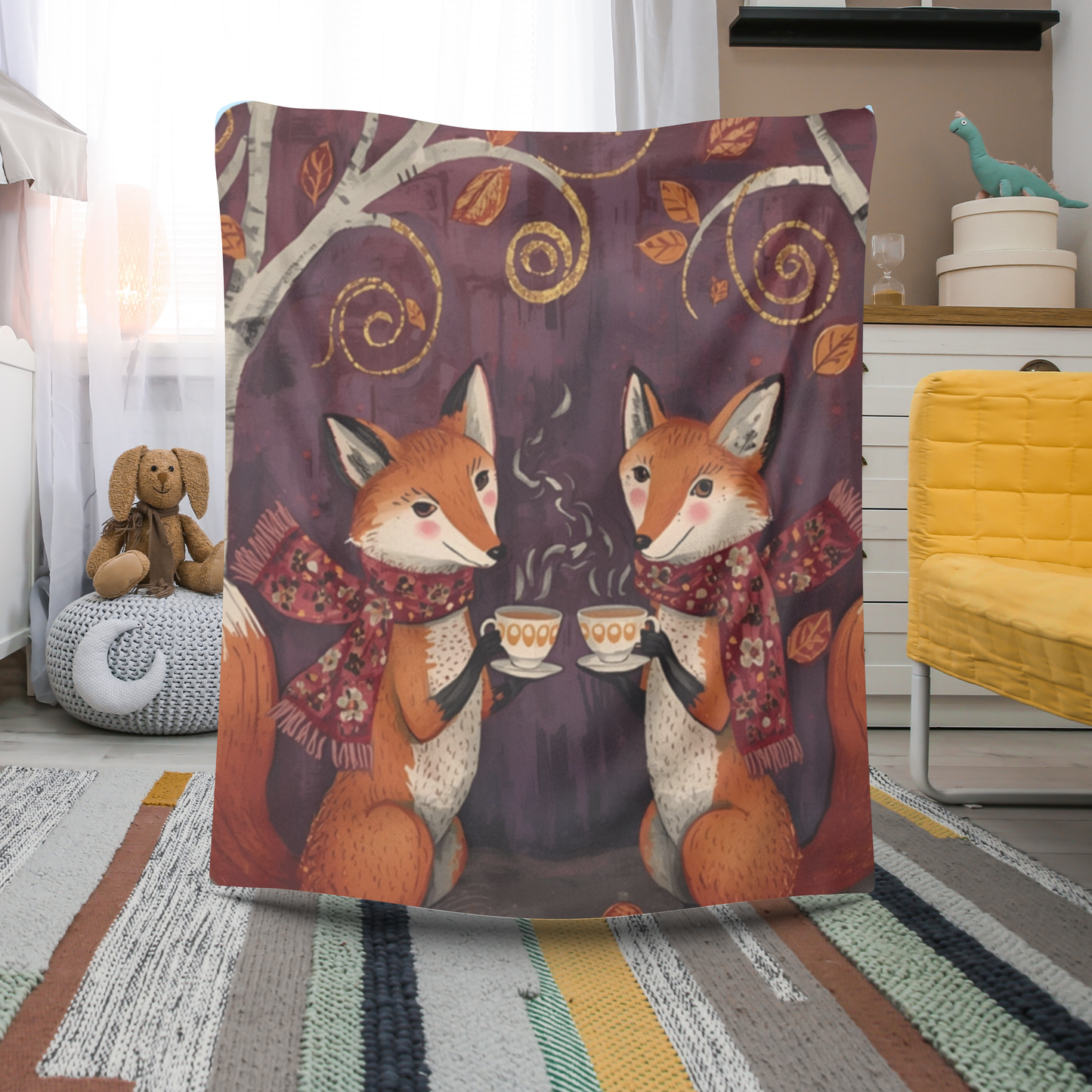 Whimsical Fox Tea Party Sherpa Fleece Blanket | Cozy Woodland Throw | Soft Plush Blanket Gift | Cute Animal Blanket