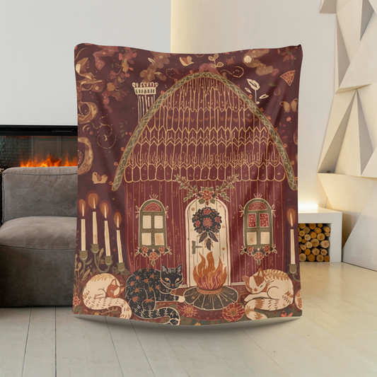 Hygge Winter Home Velveteen Plush Blanket | Cozy Cottage Throw | Soft Plush Blanket | Warm Fleece Home Decor | Cats & Fire Pit Scene