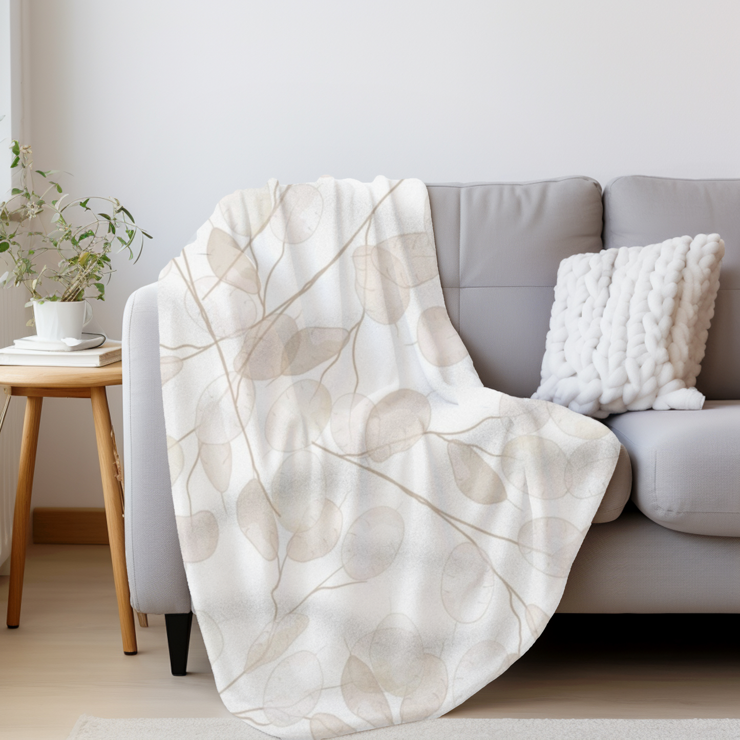 Cream & Beige Subtle Leaves Sherpa Fleece Blanket | Cozy Fall Throw | Neutral Home Decor | Soft Plush Blanket Gift | Warm Autumn Blanket