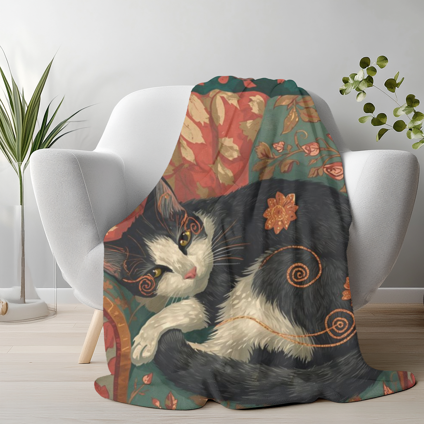 Whimsical Cat on Cozy Chair Velveteen Plush Blanket | Fall Home Decor | Soft Warm Throw | Cozy Cat Lover Gift | Autumn Aesthetic Blanket