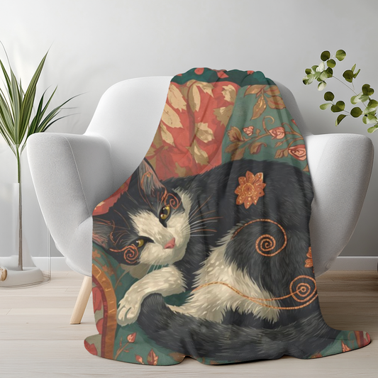 Whimsical Cat on Cozy Chair Velveteen Plush Blanket | Fall Home Decor | Soft Warm Throw | Cozy Cat Lover Gift | Autumn Aesthetic Blanket