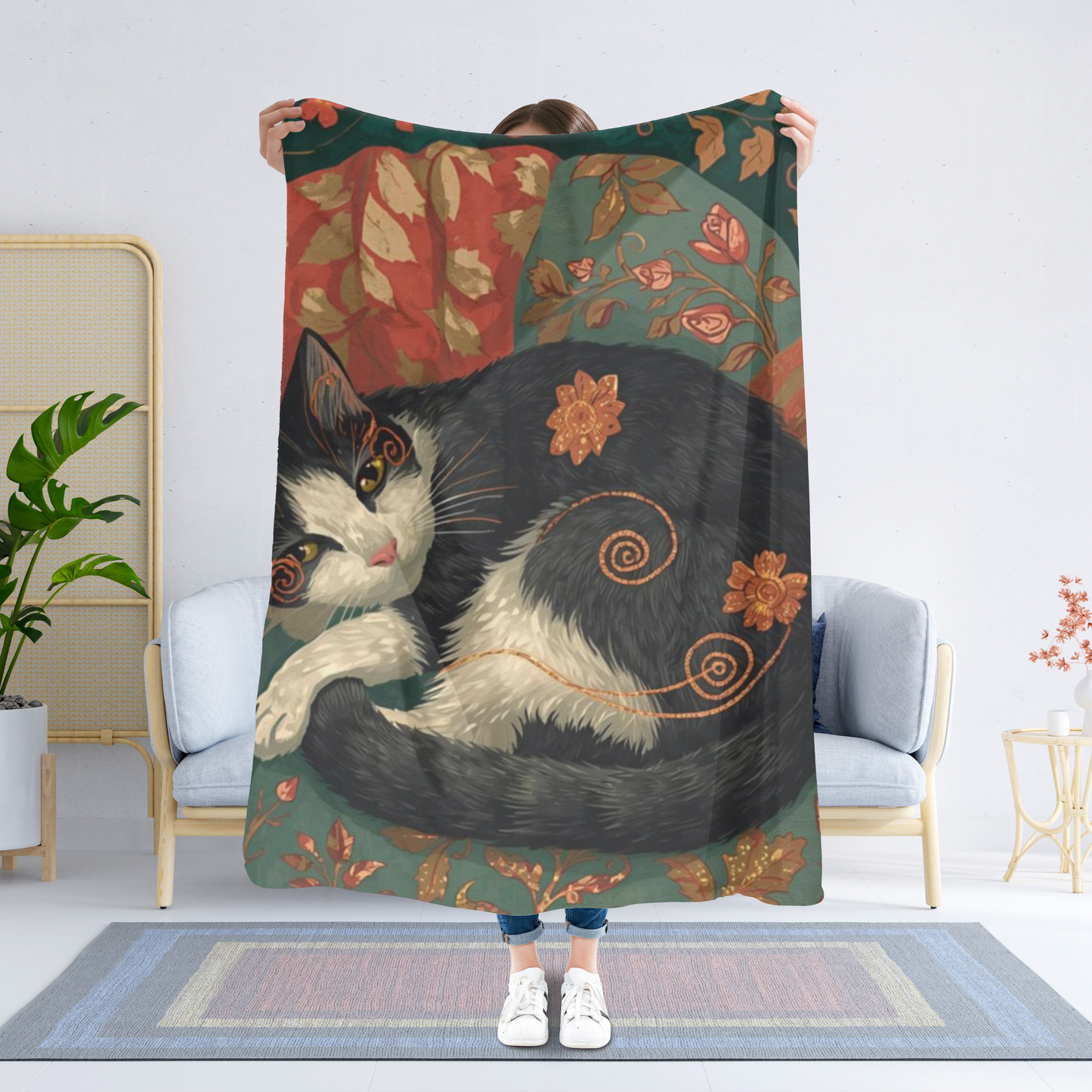 Whimsical Cat on Cozy Chair Velveteen Plush Blanket | Fall Home Decor | Soft Warm Throw | Cozy Cat Lover Gift | Autumn Aesthetic Blanket