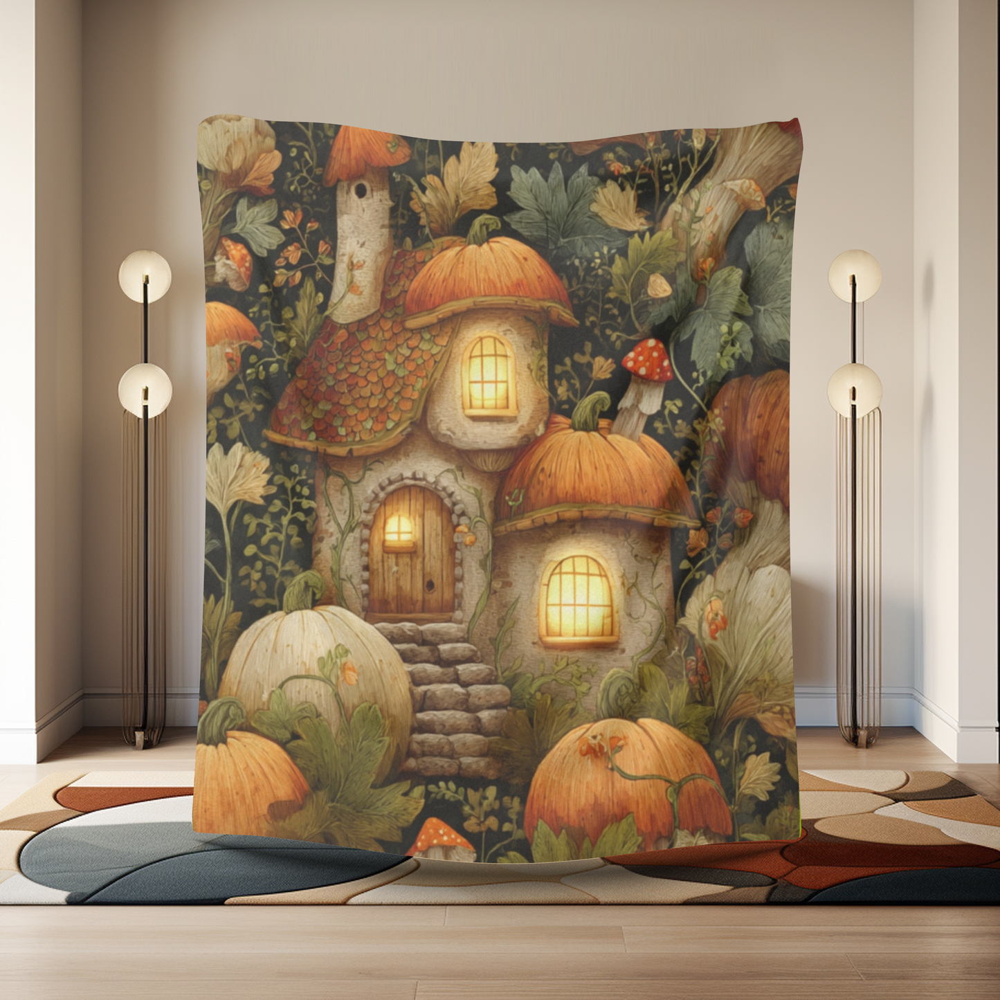 Autumn Gnome Houses Sherpa Fleece Blanket | Cozy Fall Throw | Whimsical Home Decor | Seasonal Home Accent | Fall Gnome Village Design