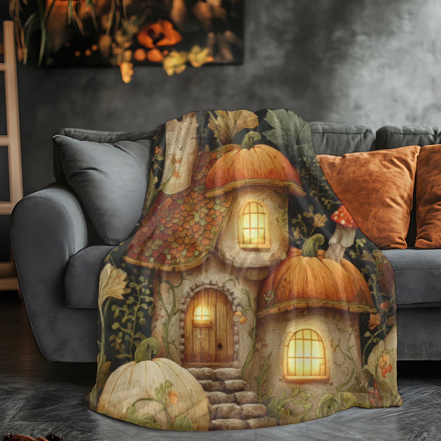 Autumn Gnome Houses Sherpa Fleece Blanket | Cozy Fall Throw | Whimsical Home Decor | Seasonal Home Accent | Fall Gnome Village Design