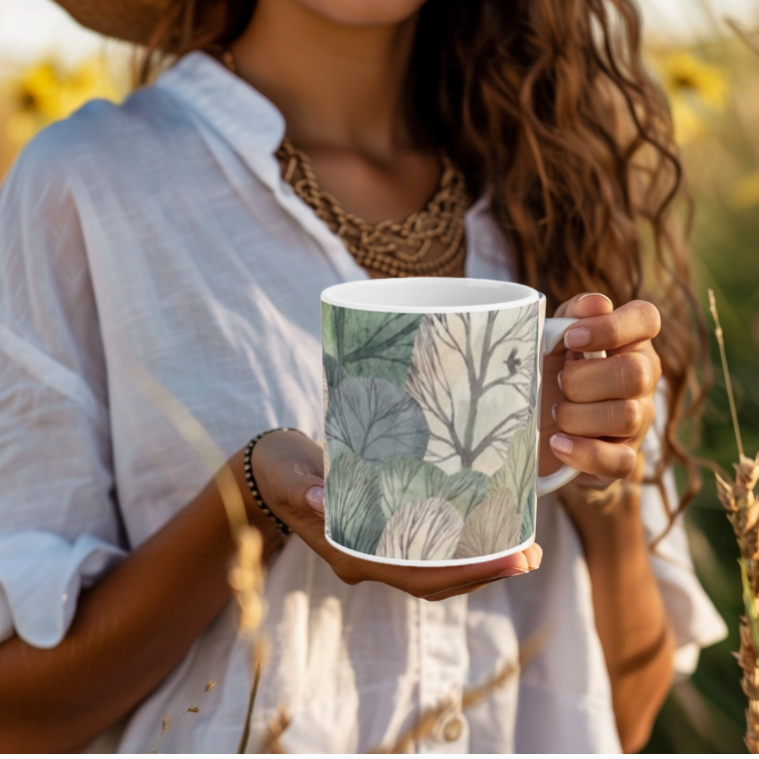 Whimsical Forest Ceramic Mug, Woodland Leaves in Muted Green, Gray and Cream, Cozy Nature Coffee Cup, 11oz & 15oz